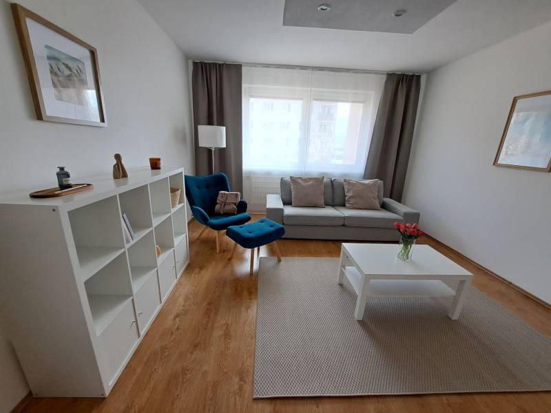 Living room in a three-room apartment with a wooden decor floor, a blue armchair, and white furniture.