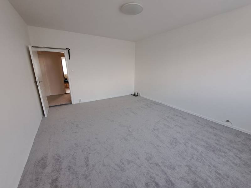 A bright room in a 3-room apartment with white walls and carpeted floor.