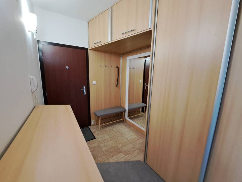 Entrance hallway in a 3-room apartment with coat hooks, a mirror, and wooden decor on the cabinets.
