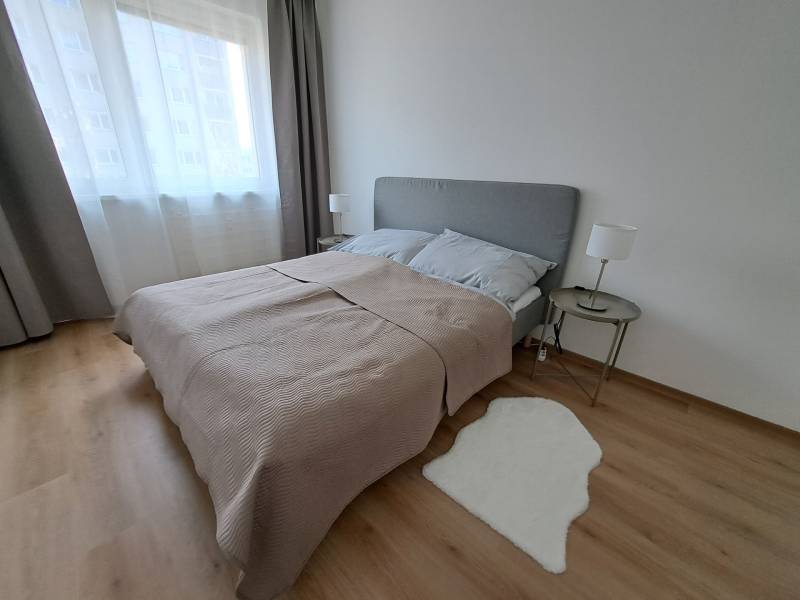 A bedroom in a 3-room apartment with a wood-patterned floor, a gray bed headboard, and a rug.