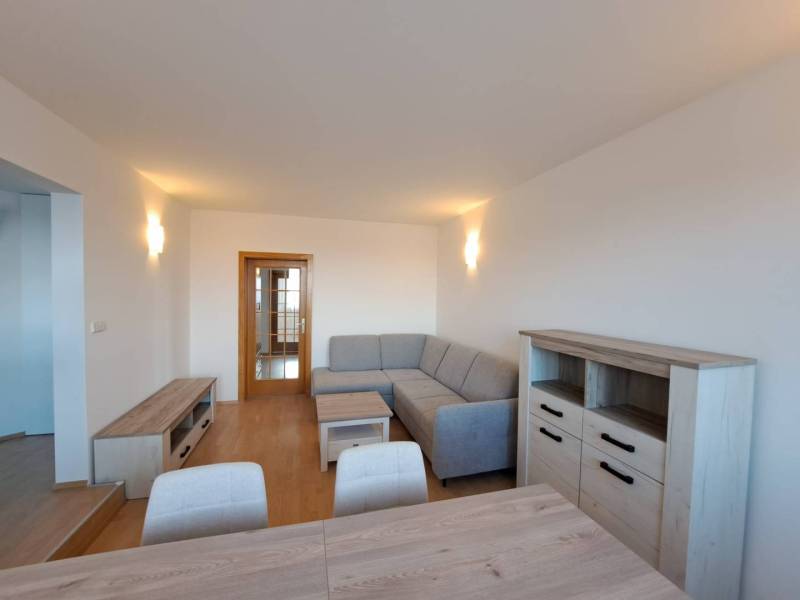 Living room in a 4-room apartment with a wooden decor floor and a gray sofa.