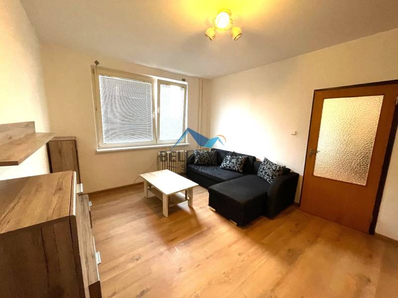 Living room in a studio apartment with a sofa and a wooden decor floor.