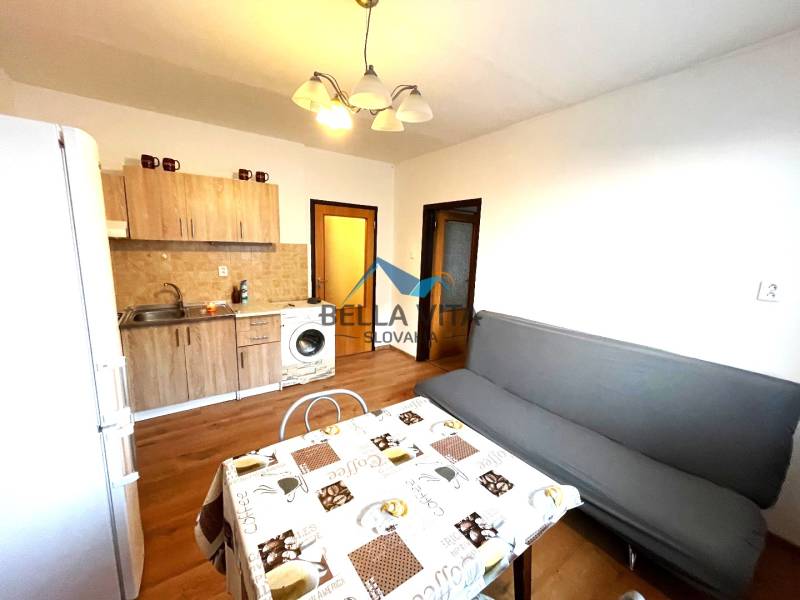 A kitchen with a sofa in a studio apartment, wooden decor flooring, dining table.