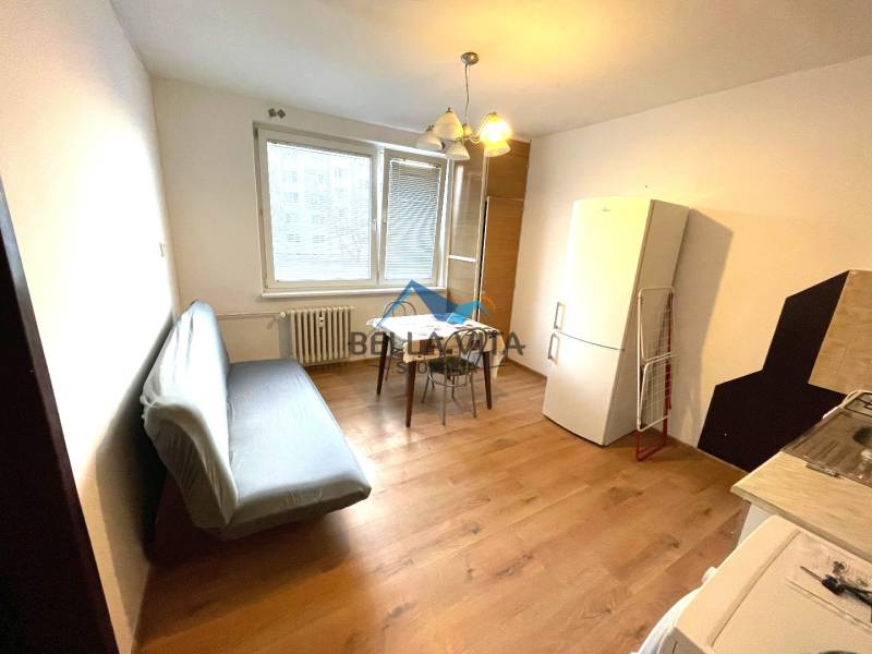 A room in a one-bedroom apartment with a wooden decor floor, a sofa, and a kitchenette.