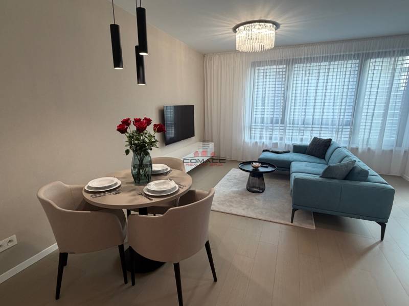 Living room in a two-room apartment with a gray sofa, dining table, and wooden decor flooring.