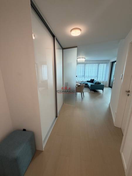 The hallway in the 2-room apartment with a wooden decor floor leads to the living room.