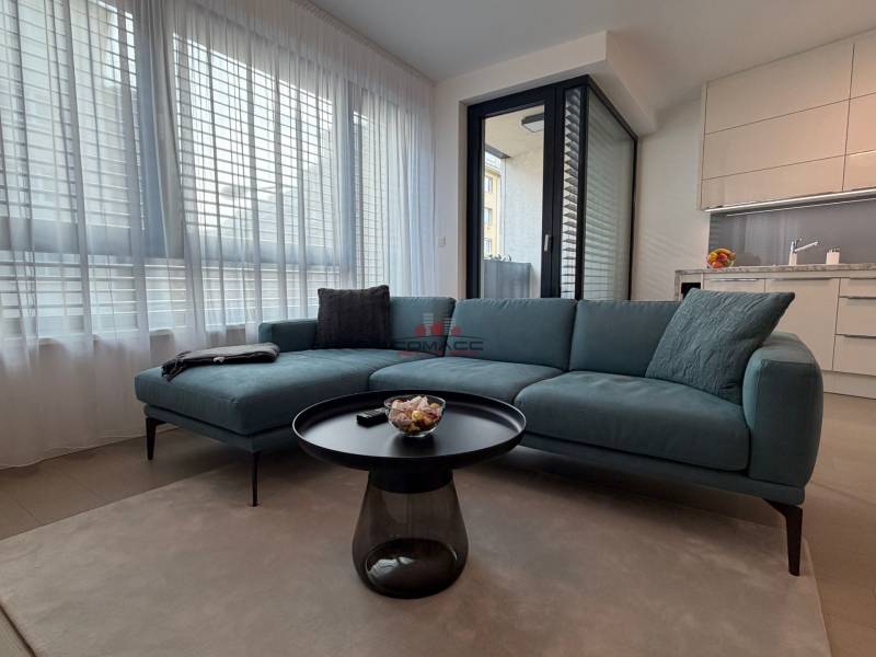 Living room with a sofa, table, and kitchenette in a two-room apartment.