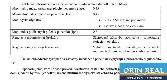 Table with regulations for land - housing, including indices and urban structure.