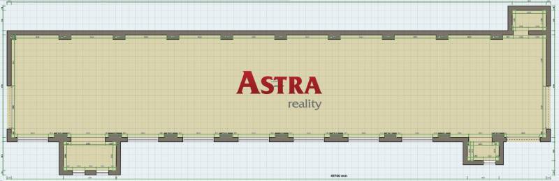 Floor plan of warehouses and halls with dimensions and the Astra Reality logo.