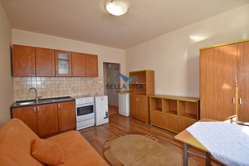 Compact studio apartment with a kitchenette, stove, and wood-patterned flooring.