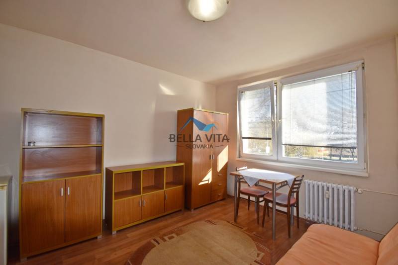 A studio apartment with furniture, a table, and chairs, complemented by a floor with a wooden decor.