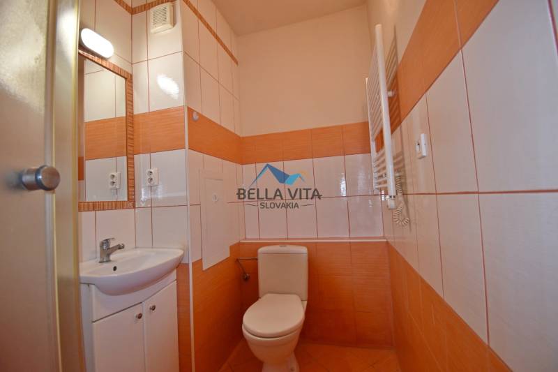 A bathroom with a sink and toilet in a studio apartment, orange and white tiles.