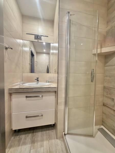 Bathroom in a 4-room apartment with a sink, glass shower enclosure, and floor with wood decor.
