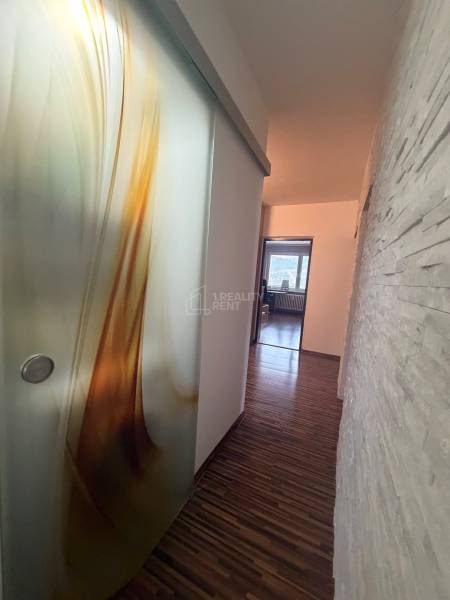 A hallway with a wooden decor floor and interesting sliding doors in a 4-room apartment.