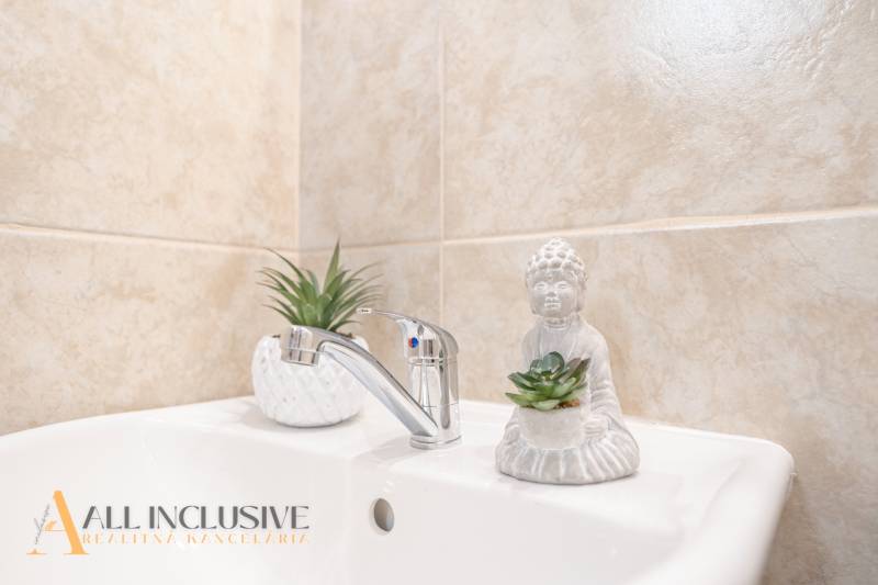 A sink with a Buddha statue and a plant in the bathroom, ceramic wall decor.