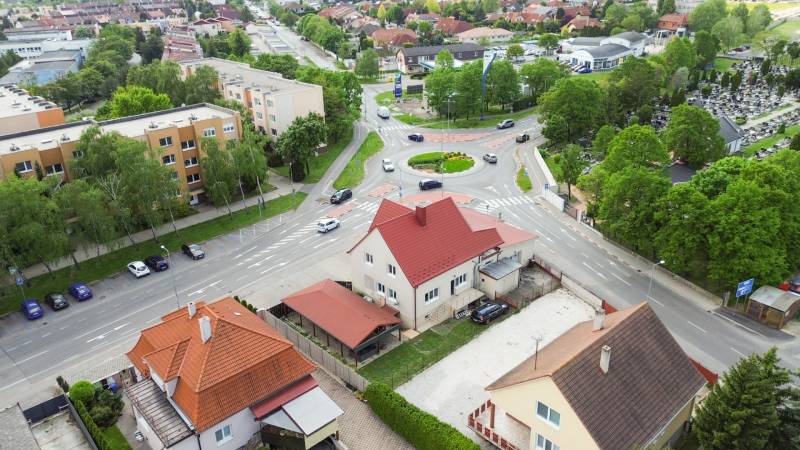 Aerial view of the roundabout and surrounding buildings in Dunajská Streda.