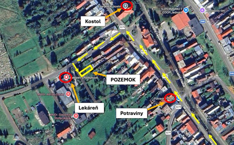 An aerial map of part of the village Nálepkovo shows a church, a pharmacy, and grocery stores around the gardens.