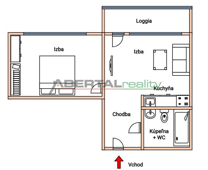 Layout of a two-room apartment with an entrance, two rooms, a kitchen, a bathroom, and a loggia.