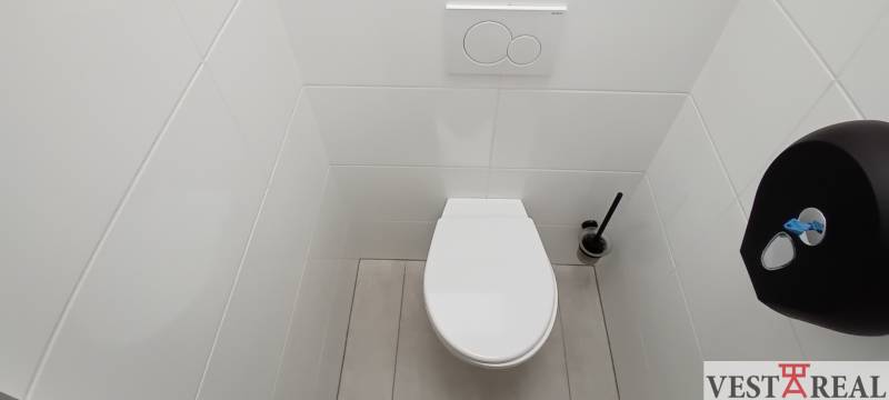White toilet with a toilet paper holder and brush in the offices.