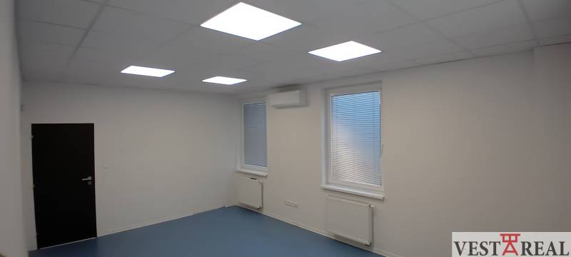 Offices with a white ceiling, blue floor, and windows with blinds.