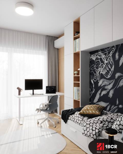 Children's room in a 4-room apartment with a work corner and a floor with a wooden decor.