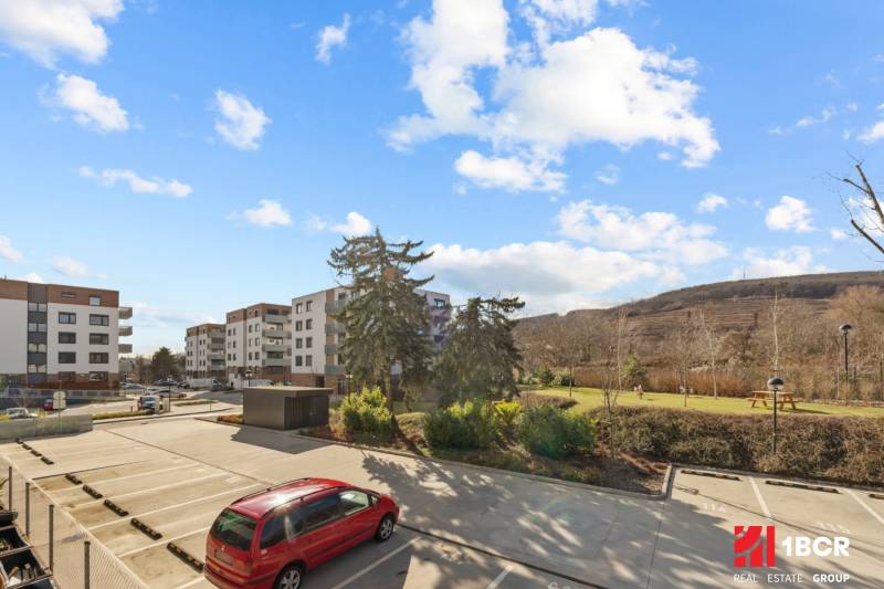 Parking lot and residential buildings on Skalická Road in Bratislava - Nové Mesto.
