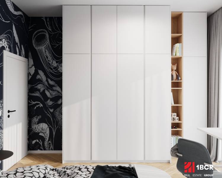 White built-in wardrobe with decorative black wallpaper and wooden decor flooring in a 4-room apartment.