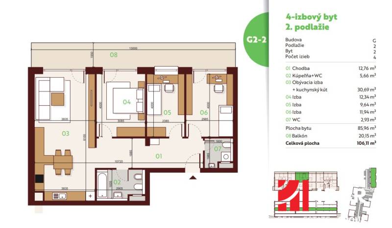 Floor plan of a 4-room apartment with a balcony, showing the layout of the rooms.