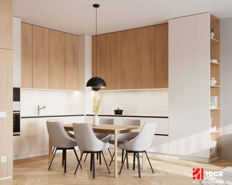 A kitchen in a 4-room apartment with a wooden decor and a stylish dining table.