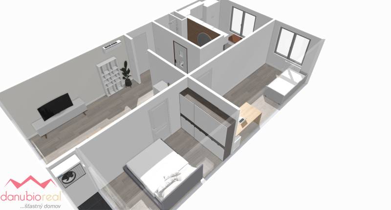 Visualization of a 3-room apartment with wood-patterned flooring and minimalist furnishings.
