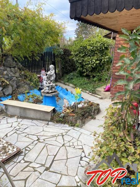 The garden of the cottage in the Košice district of Vyšné Opátske with a brick house and a statue.