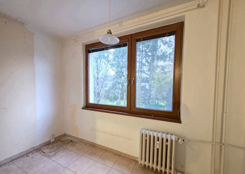 A room with a radiator, a large window, and tiles in a 2-room apartment.