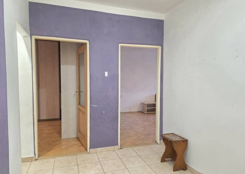 A hallway in a 2-room apartment with a tiled floor and a purple wall.