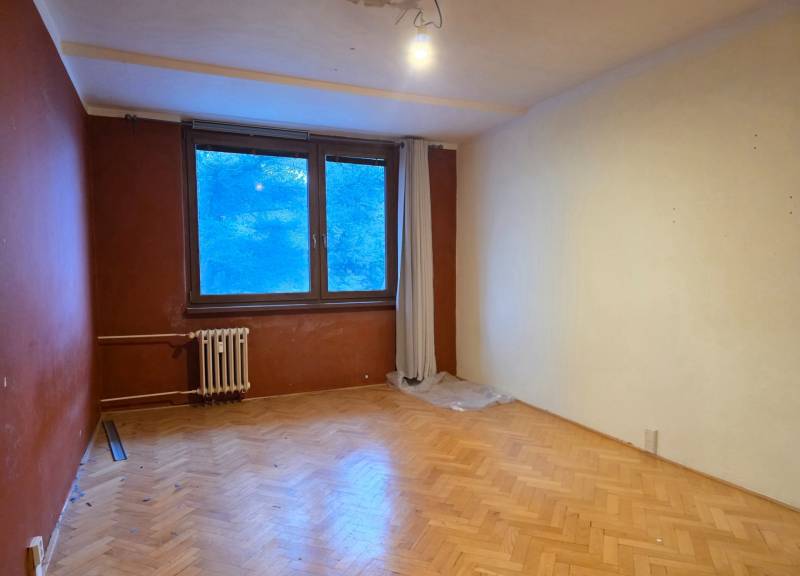 A room with a wooden decor floor and a large window in a two-room apartment.