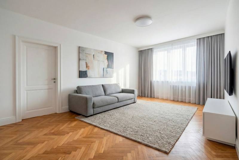 Living room in a two-room apartment with a comfortable sofa and a wooden decor floor.