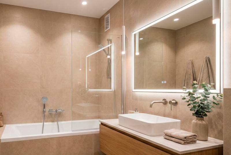 Bathroom in a 2-room apartment with a bathtub, mirror, and light tiles.