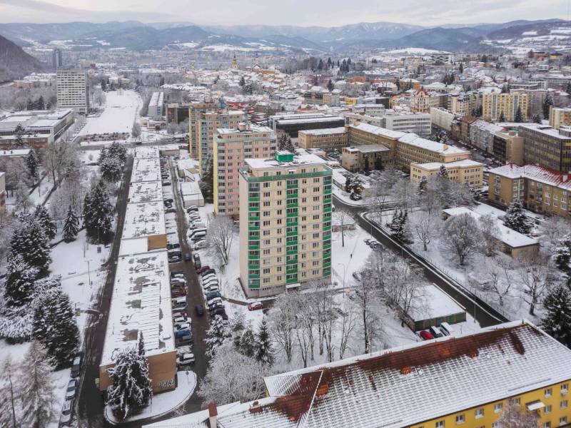 Winter panorama of Banská Bystrica from Trieda SNP with a view of the apartment buildings.
