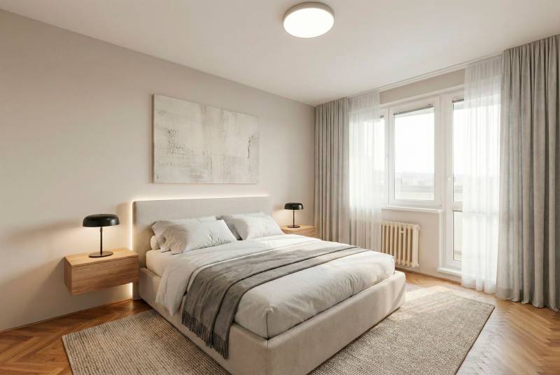 A bedroom in a 2-room apartment with a large bed and a floor with a wood decor.