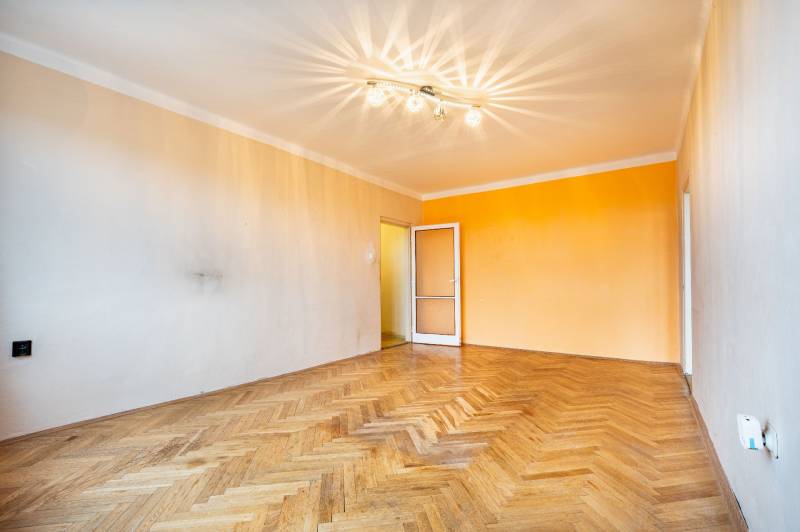 Living room with wood-patterned flooring and an orange wall in a two-room apartment.