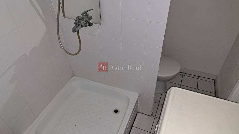 Bathroom in a studio apartment with white tiles and a shower corner.