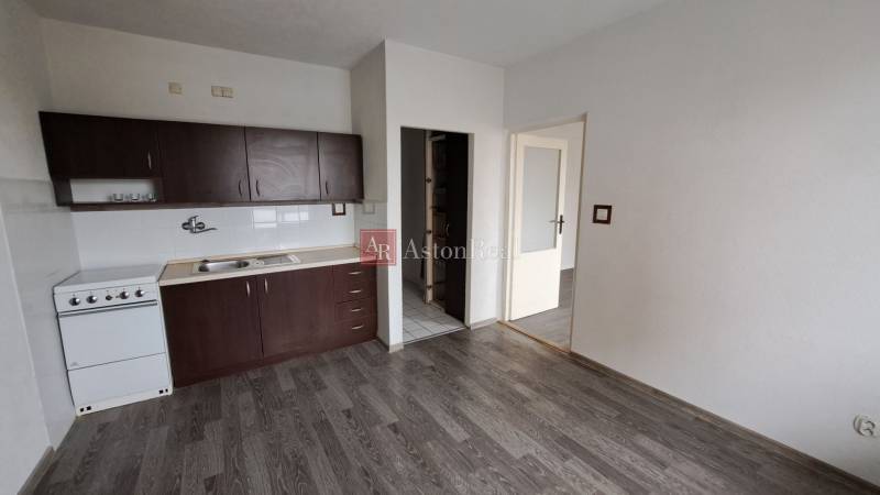 A kitchen with dark cabinets and a wood-patterned floor in a studio apartment.