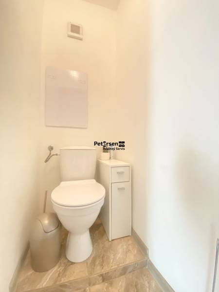 Toilet with cabinet, fan, and floor with wood decor in a 2-room apartment.