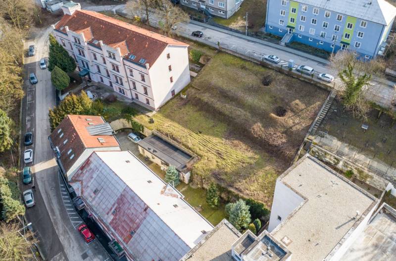 Aerial view of commercial land on Hurbanova Street in Trenčianske Teplice.
