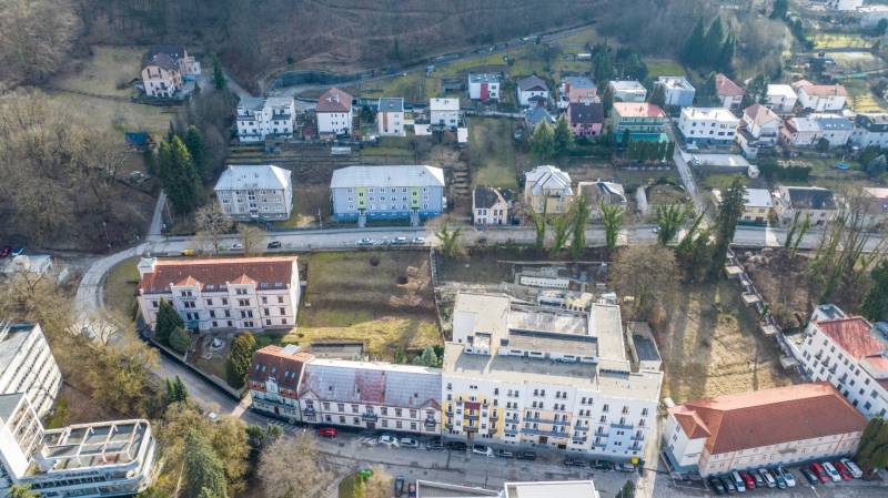View of buildings and properties - commercial on Hurbanova Street in Trenčianske Teplice.