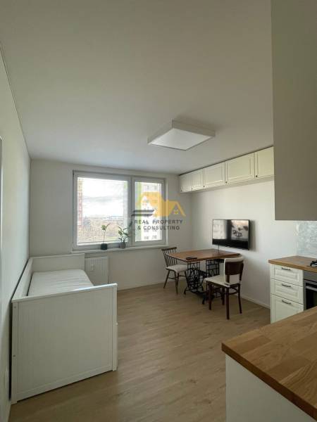 Interior of a 1-room apartment with a wooden decor floor and minimal furnishings.