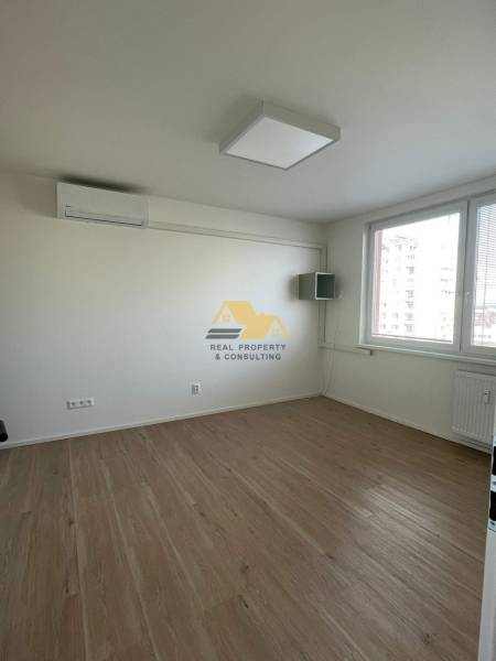 A room with white walls and a wooden decor floor in a studio apartment.