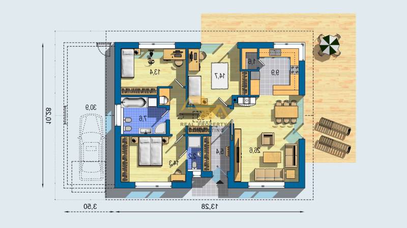 Floor plan of a family house with a wooden decor floor, includes three rooms, a kitchen, and a terrace.