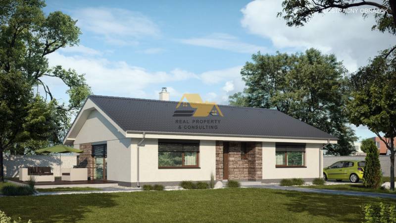 Family house with a terrace in Nové Zámky, street surrounded by trees, green car.