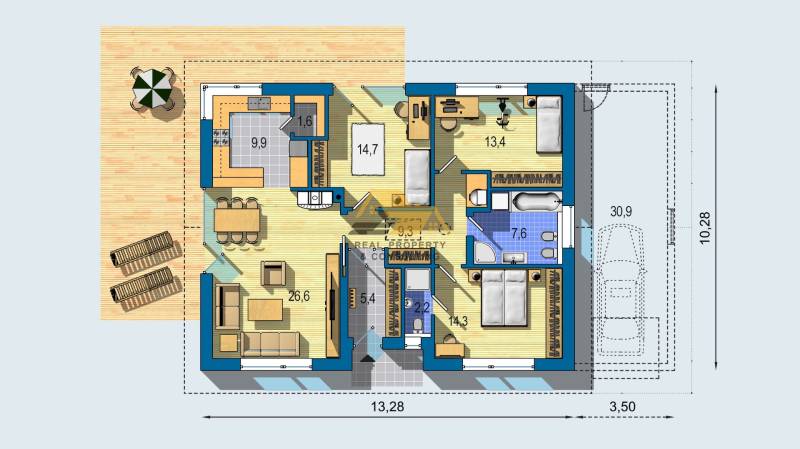 Floor plan of a family house with a terrace, wooden decor flooring, and a garage.