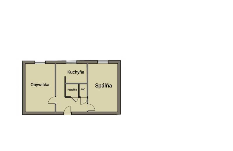 Floor plan of a 2-room apartment with a living room, kitchen, bedroom, bathroom, and toilet.